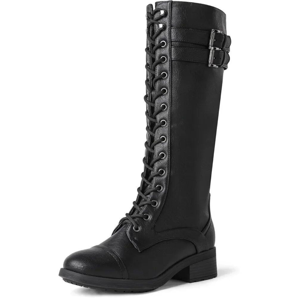 🆕Women Polyurethane Pu Georgia-Black Double buckle Knee High Riding Combat Boot